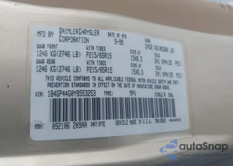 2000 Dodge Grand Caravan Se из США, поврежденный, VIN 1B4GP44G0YB553253